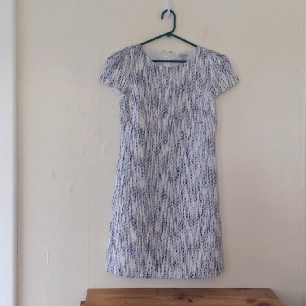 J. Peterman White & Blue Tweed Cap Sleeve Shift Dress Size 4
